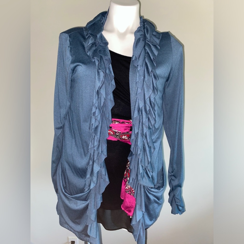 MOA-MOA Teal ruffle trim jacket